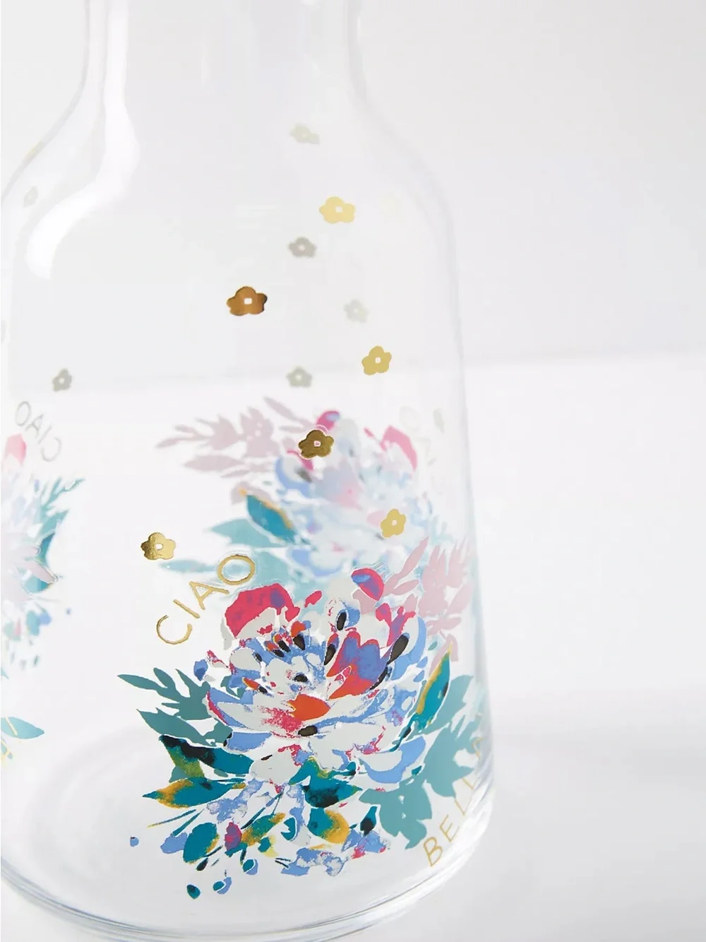 Anthropologie Clear Floral Glass Carafe with Gold Accents